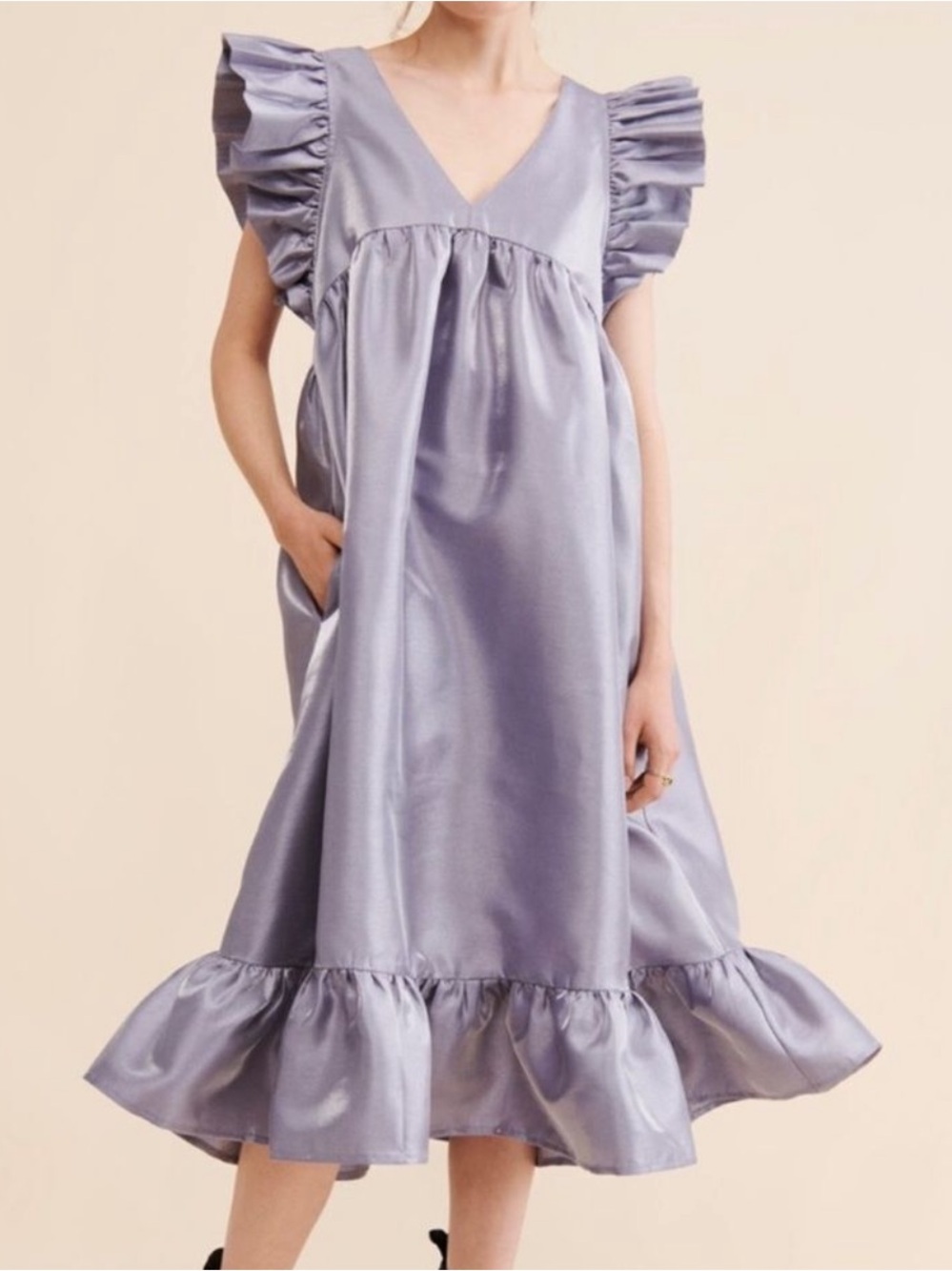 Metallic Lavender Ruffle Midi Dress from Anthropologie